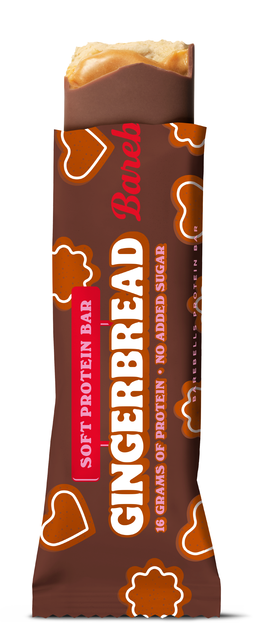 A Barebells Gingerbread soft protein bar in its wrapper, shown against a plain white background. The wrapper is brown with gingerbread cookie illustrations and white text.